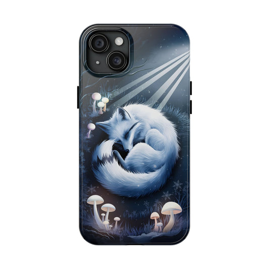 Mystical Forest White Fox Phone Case, White Fox Sleeping Phone Case, Dreamy Fox Lovers, fox, wisps, Mushrooms under Moon, Winter Vibes Cover