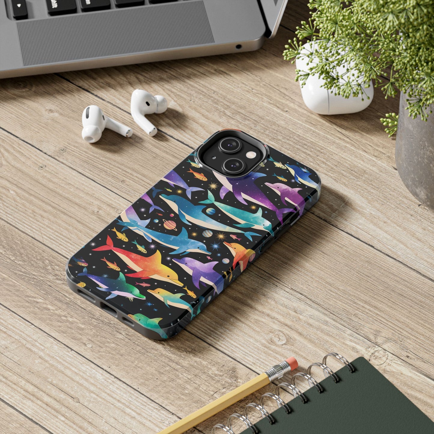 Whimsical Cosmic Dolphins Phone Case, Joyful Dolphins Swimming in Space, Adventure Dolphin Cover, Dolphin Fish lover iPhone Samsung Case