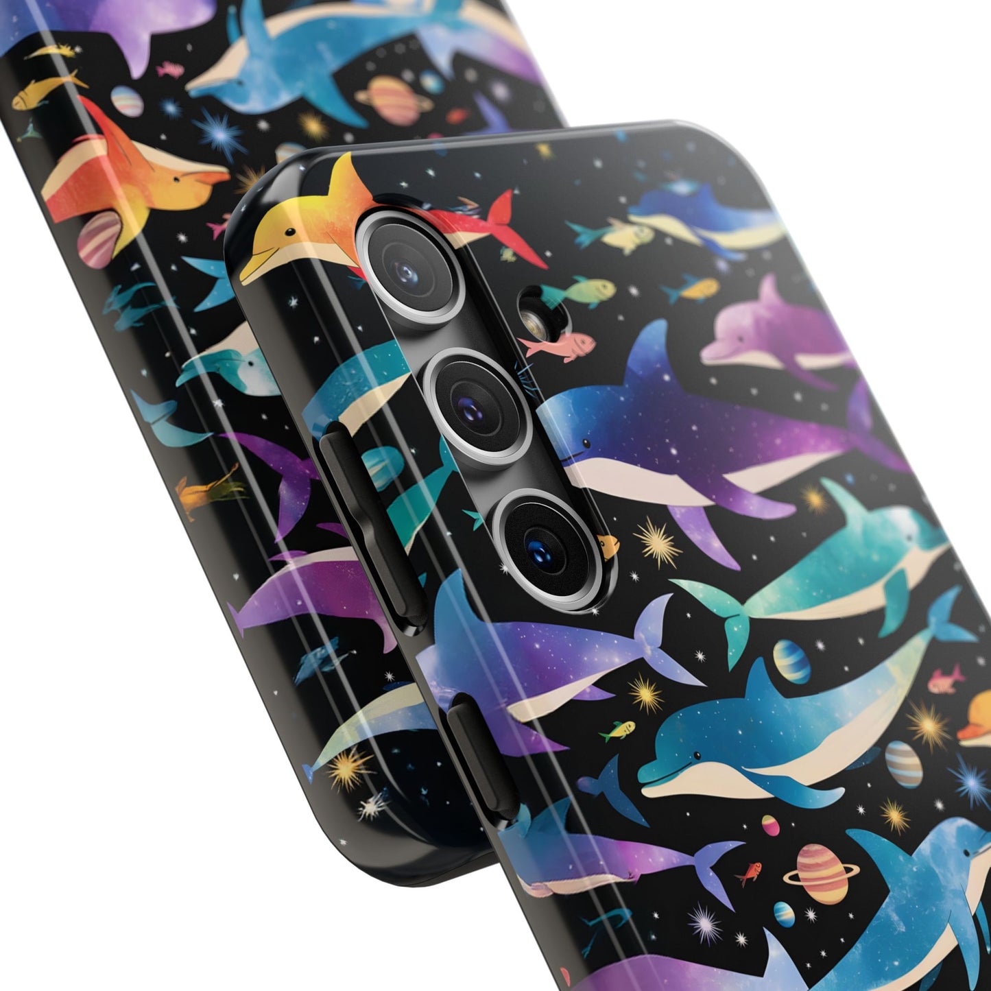 Whimsical Cosmic Dolphins Phone Case, Joyful Dolphins Swimming in Space, Adventure Dolphin Cover, Dolphin Fish lover iPhone Samsung Case